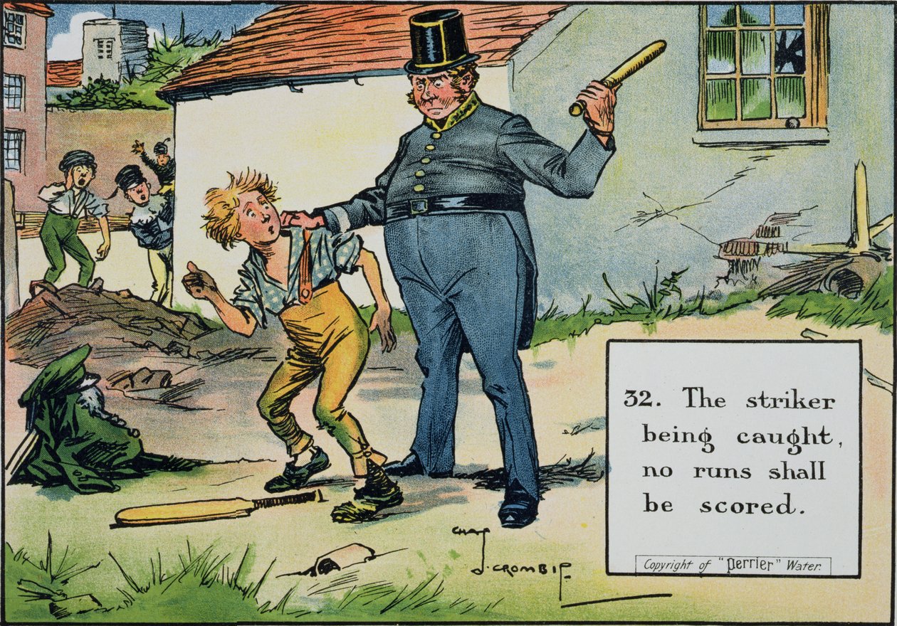(32) Ha elkapják a csatárt, nem kell futást pontozni, a „Tücsök törvényei”, 1910. alkotó: Charles Crombie