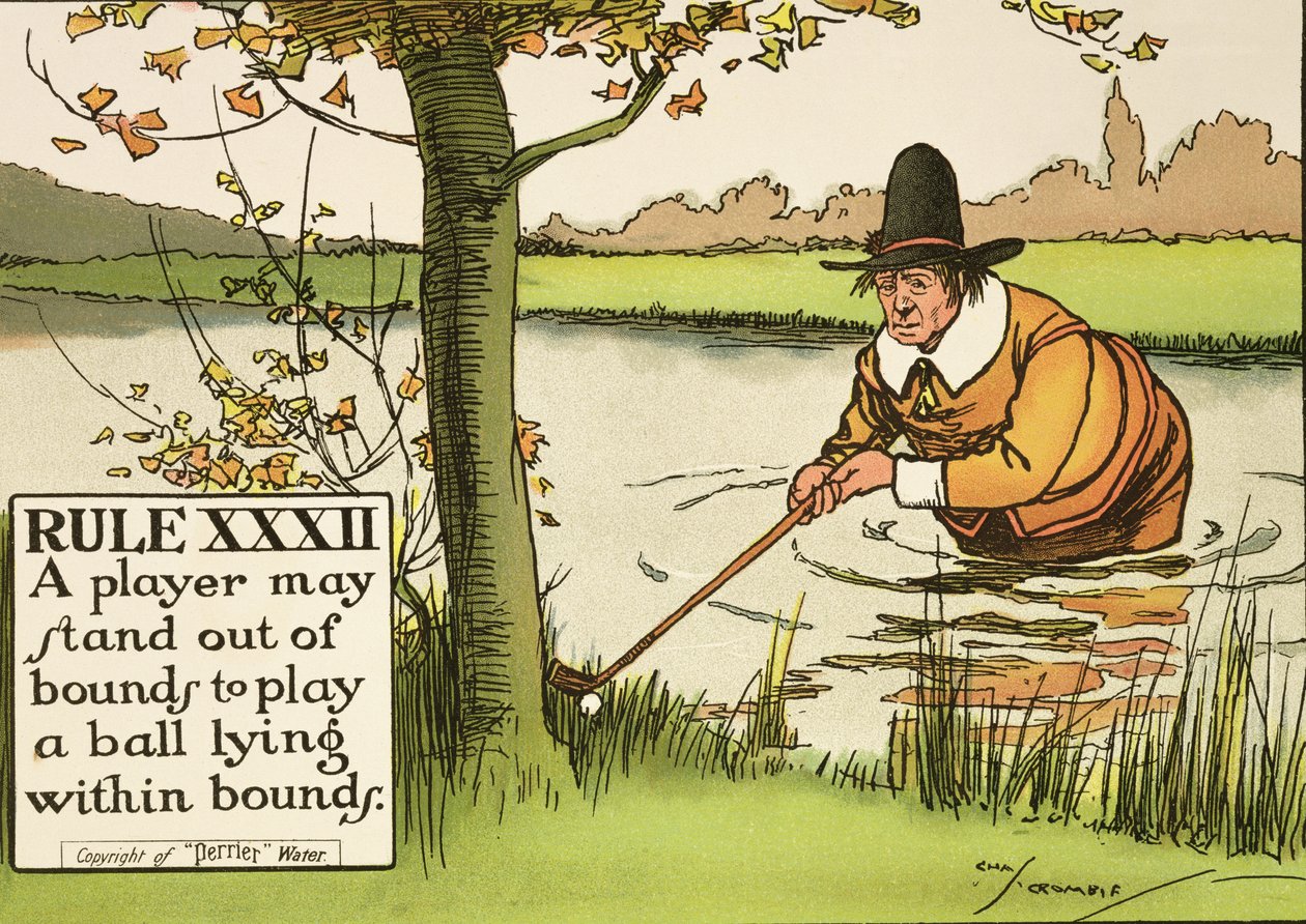 XXXII. szabály: Egy játékos kiállhat a pályán kívül, hogy megjátsszon egy pályán belül lévő labdát, a „Golf szabályai”, közzétéve 1905 körül. alkotó: Charles Crombie