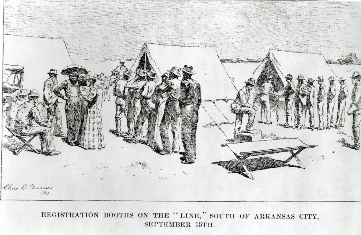 Regisztrációs fülkék a „Line”-n, Arkansas Citytől délre, 1893. szeptember 15. alkotó: Charles D. Graves