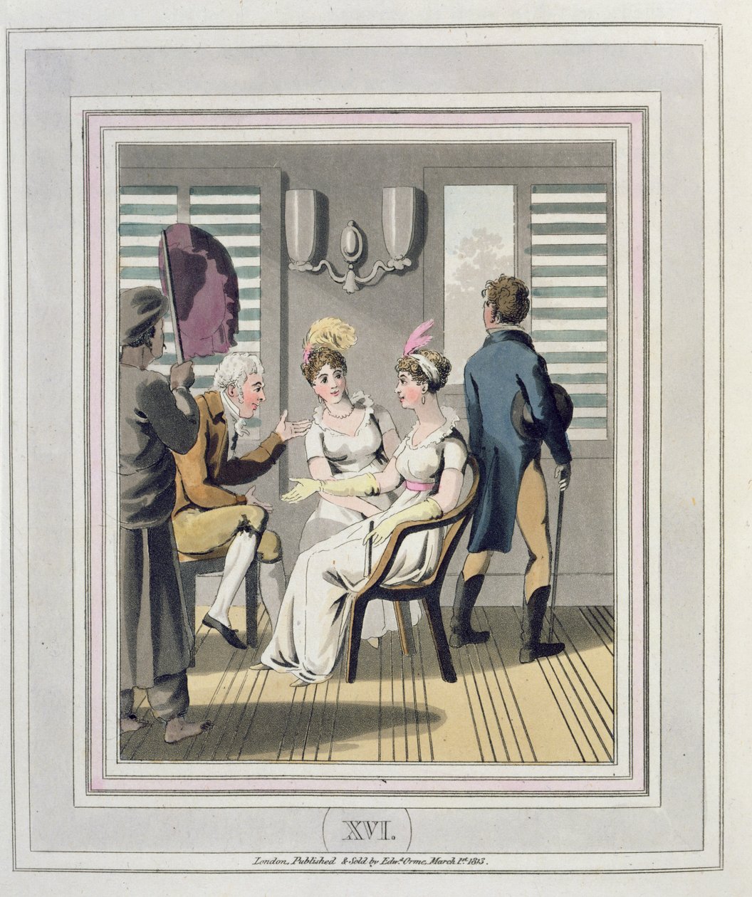 Egy európai hölgy, akit egy szolga kísér, kézi punkah-t vagy legyezőt használ, 16. tábla az 1813-ban megjelent "The European in India" című kötetből (kézi színezésű akvatinta). alkotó: Charles d Oyly