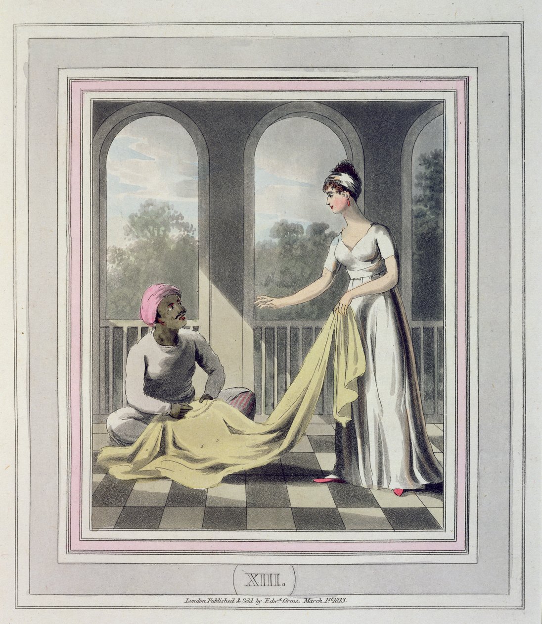 Egy európai hölgy, aki utasításokat ad Durzee-jének, vagyis bennszülött szabójának, az 1813-ban megjelent „Az európai Indiában” című könyv 13. tábláján (kézzel színezett akvatinta) alkotó: Charles d Oyly