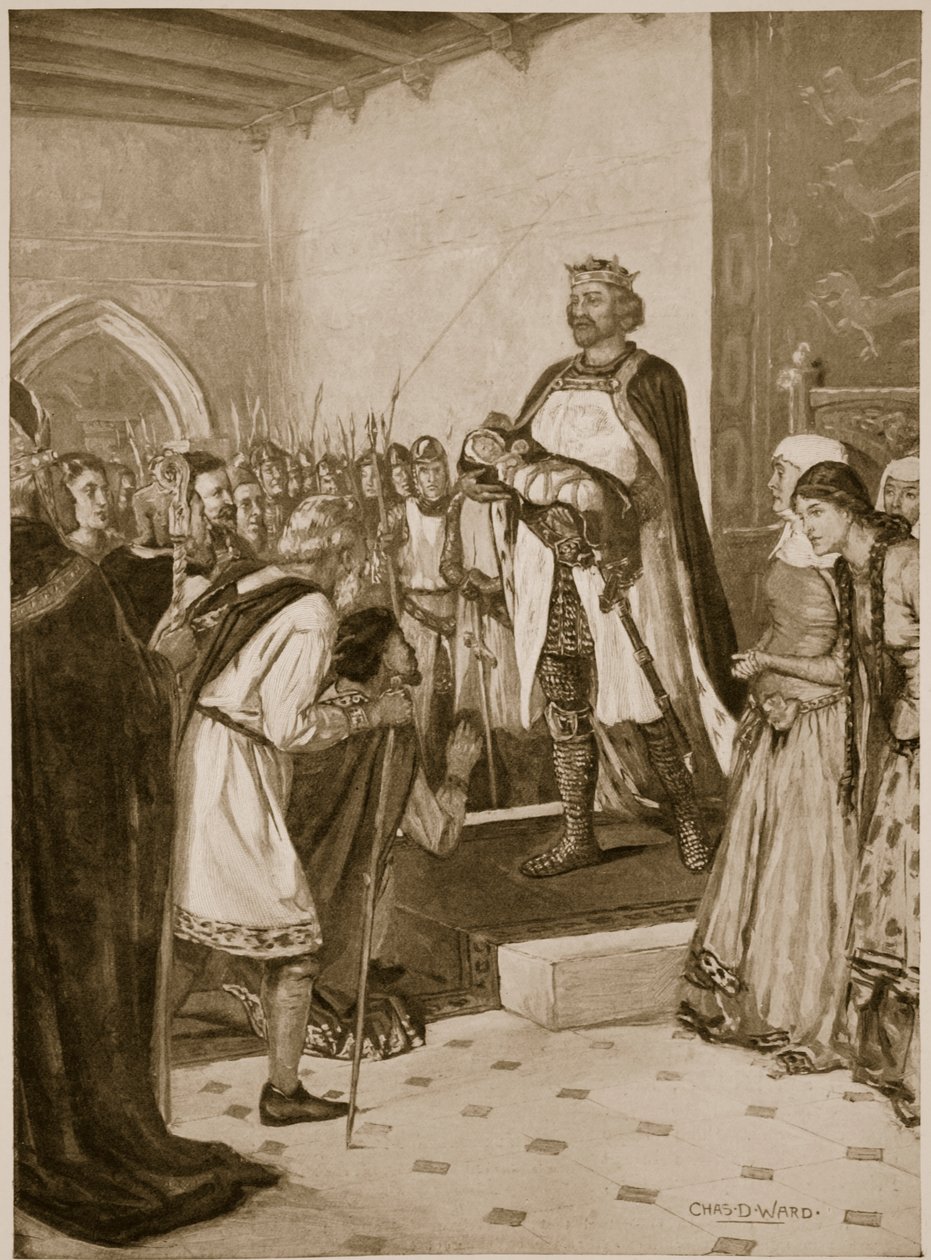 I. Edward király bemutatja csecsemő fiát, Edwardot a walesi törzsfőknek a Carnarvon kastélyban, mint Wales hercegét. alkotó: Charles Daniel Ward
