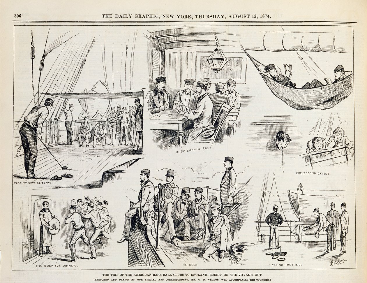 Az amerikai baseballklubok utazása Angliába (The Voyage Out) a The New York Daily Graphic-ban, 1874. alkotó: Charles Weld