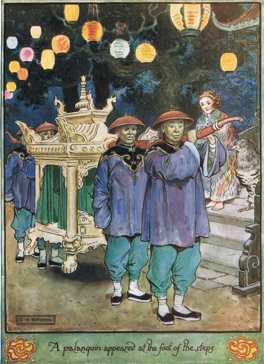 Egy palankin jelent meg a lépcsők lábánál, illusztrációja Mrs Molesworth „A kakukkos óra” című művéből, amelyet a Macmillan adott ki 1930-ban. alkotó: Charles Edmund Brock