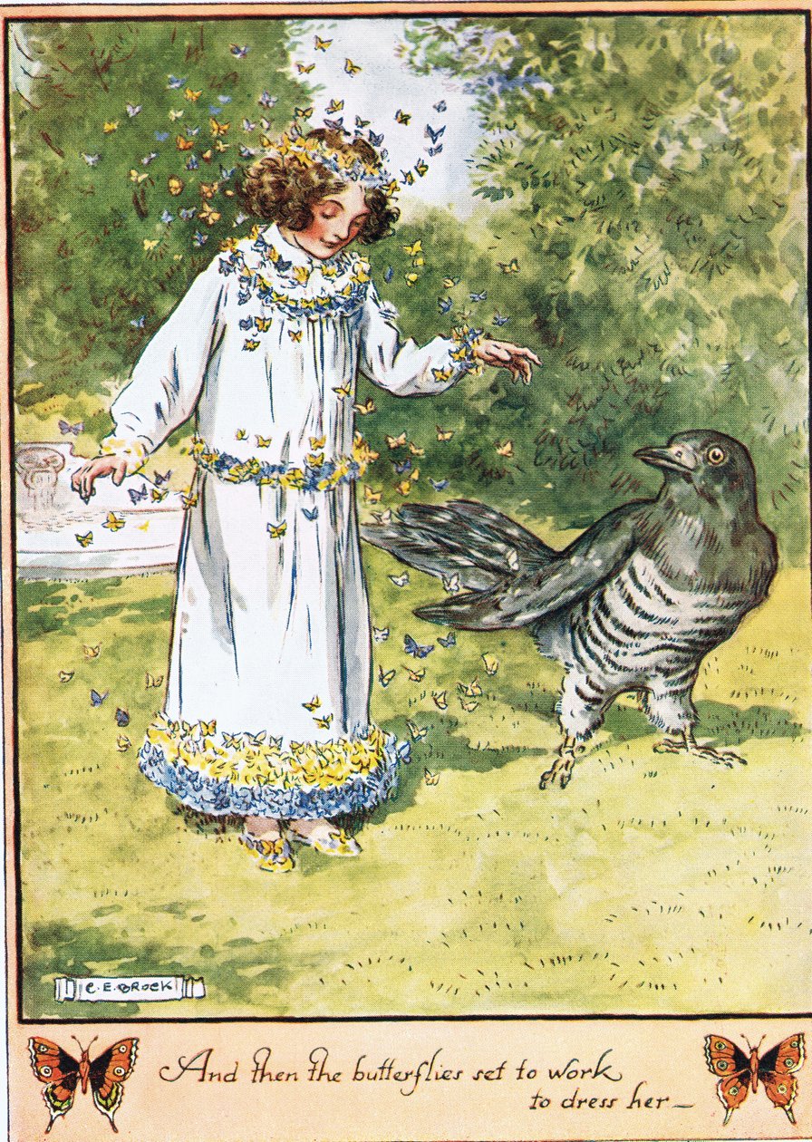 Aztán a pillangók munkához láttak, hogy felöltöztessék őt. Illusztráció Mrs Molesworth „A kakukkos órájából”, amelyet a Macmillan adott ki 1930-ban. alkotó: Charles Edmund Brock