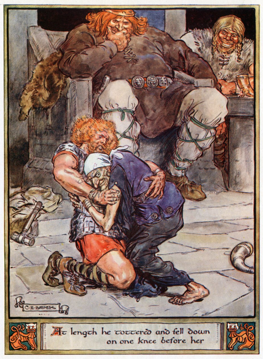"Végül megtántorodott és féltérdre esett előtte", illusztráció az A und E Keary által írt "The Heroes of Asgard, Tales from Scandinavian Mythology" című könyvből, 1930. alkotó: Charles Edmund Brock