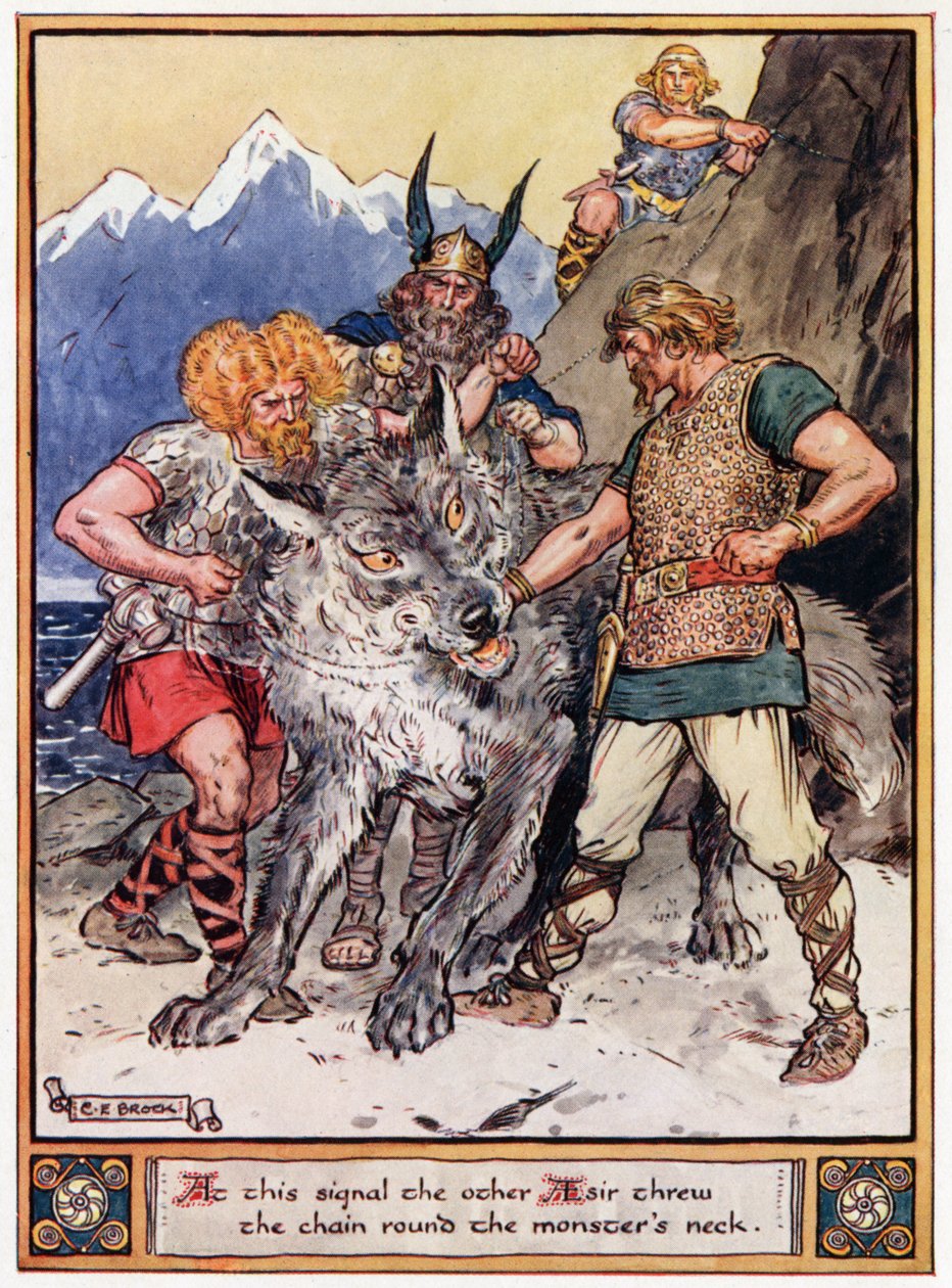 „Erre a jelre a másik Aesir a láncot a szörny nyakába dobta”, illusztráció: „Asgard hősei, mesék a skandináv mitológiából”, A und E Keary, 1930 alkotó: Charles Edmund Brock