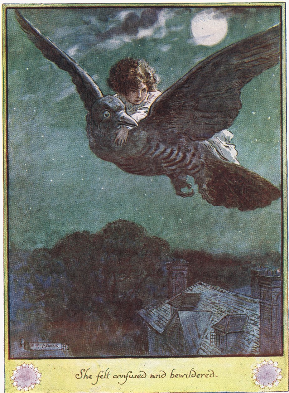 Repülés a madáron, illusztráció Mrs Molesworth "The Cuckoo Clock" című művéből, amelyet a Macmillan 1930-ban adott ki. alkotó: Charles Edmund Brock