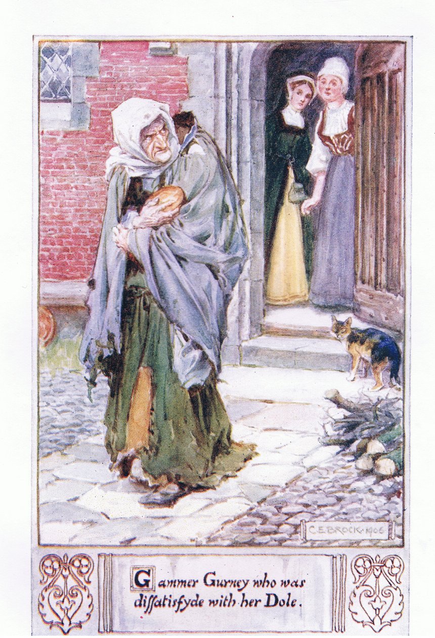 Gammer Gurney, aki elégedetlen volt a segélyével. alkotó: Charles Edmund Brock