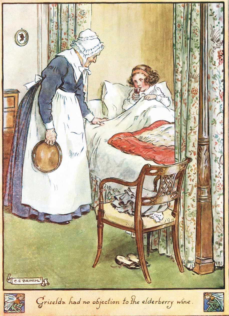 Griseldának nem volt kifogása a bodzabor ellen, amely illusztrációja Mrs Molesworth „The Cuckoo Clock” című művéből, a Macmillan gondozásában jelent meg 1930-ban. alkotó: Charles Edmund Brock