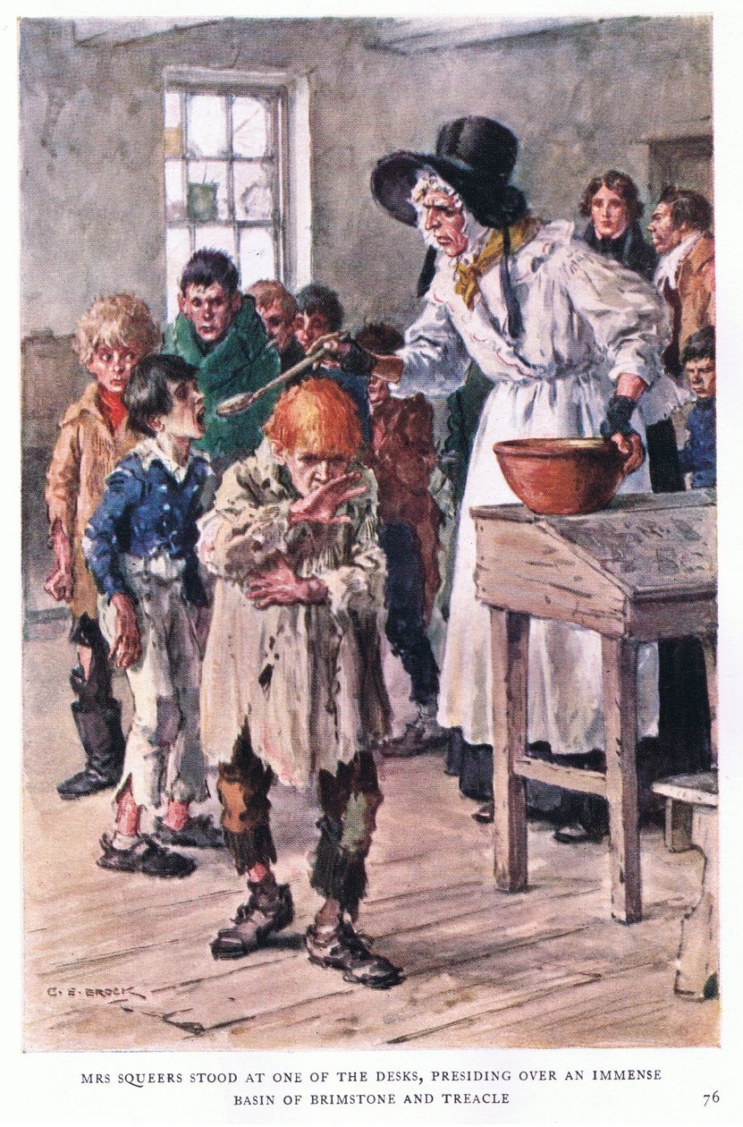 Mrs. Squeers az íróasztalok egyik végén állt, és egy hatalmas, kénköves és melaszos medencénél elnökölt. alkotó: Charles Edmund Brock