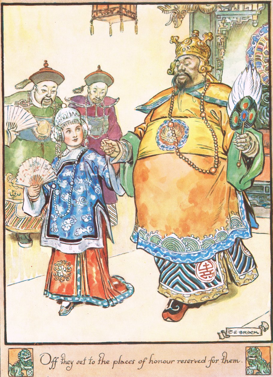Elindultak a számukra fenntartott díszhelyekre, a Macmillan által 1930-ban kiadott, Mrs Molesworth által készített „The Cuckoo Clock” illusztráció. alkotó: Charles Edmund Brock
