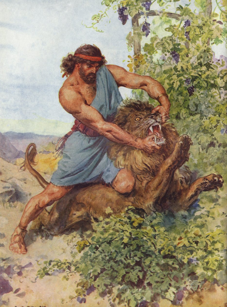 Sámson megragadta az oroszlánt, és darabokra tépte. alkotó: Charles Edmund Brock