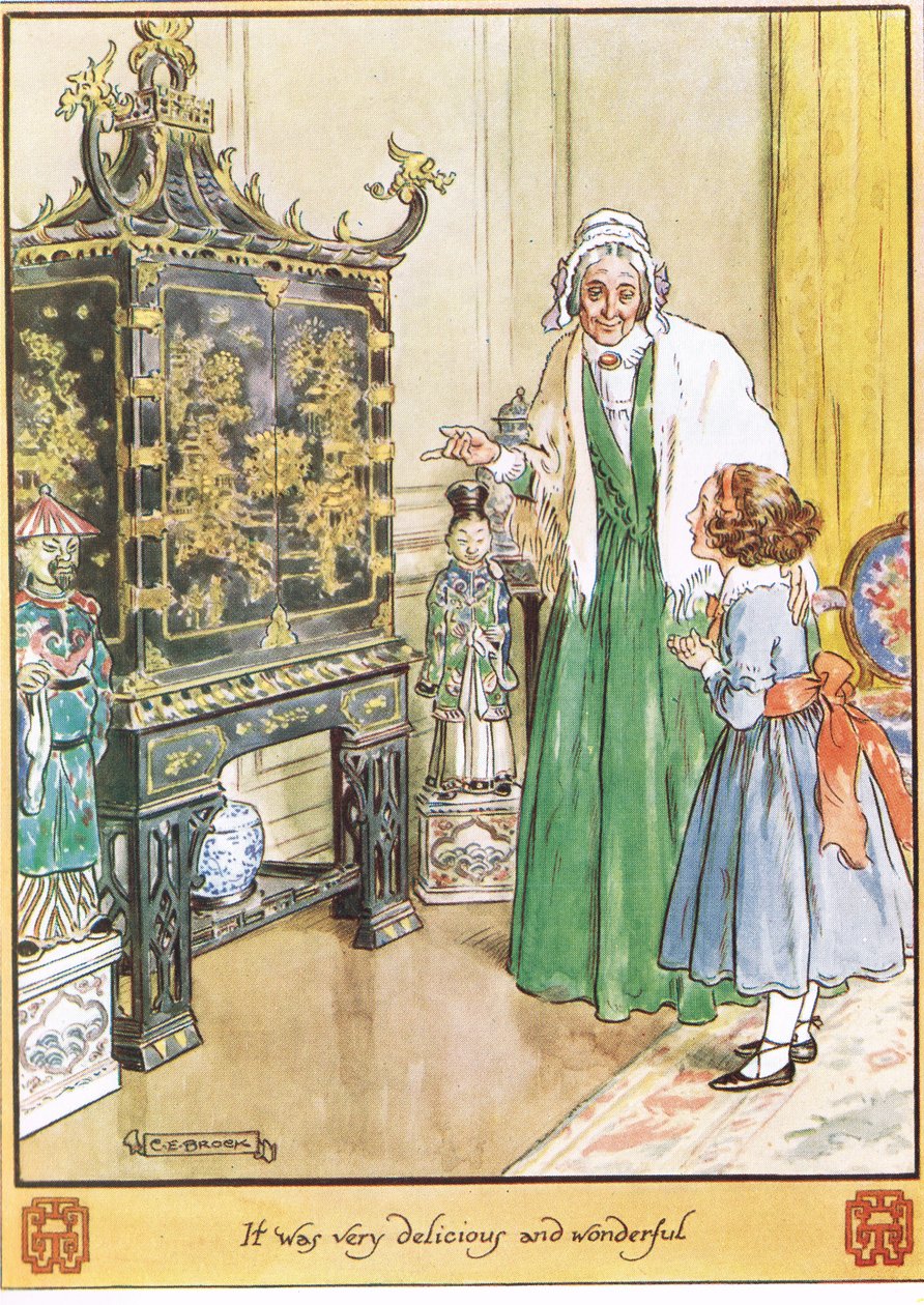 A kínai láda, Illusztráció Mrs Molesworth „The Cuckoo Clock” című művéből, a Macmillan kiadó 1930-ban alkotó: Charles Edmund Brock