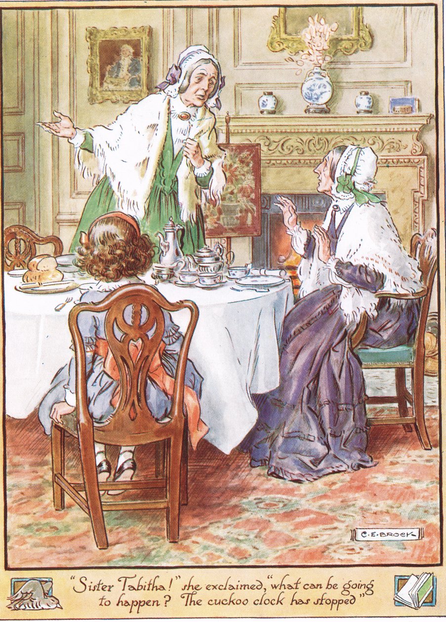 A kakukkos óra megállt. Illusztráció Mrs Molesworth „The Cuckoo Clock” című művéből, amelyet a Macmillan adott ki 1930-ban alkotó: Charles Edmund Brock