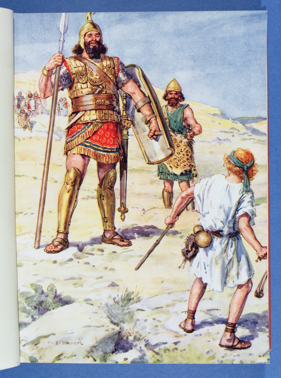 „A filiszteus felkelt, jött, és közeledett Dáviddal való találkozáshoz”, illusztráció a „Biblián keresztül”, Venture Publishing, 1928 alkotó: Charles Edmund Brock