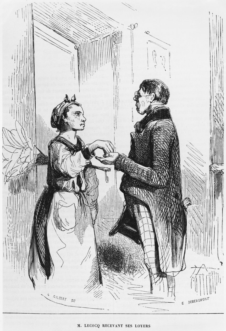 „M. Lecocq megkapja a bérleti díját”, Charles Gilbert metszett (19. század) illusztrációja a „Revue Pittoresque”-ből, 1843 alkotó: Charles Edouard de Beaumont