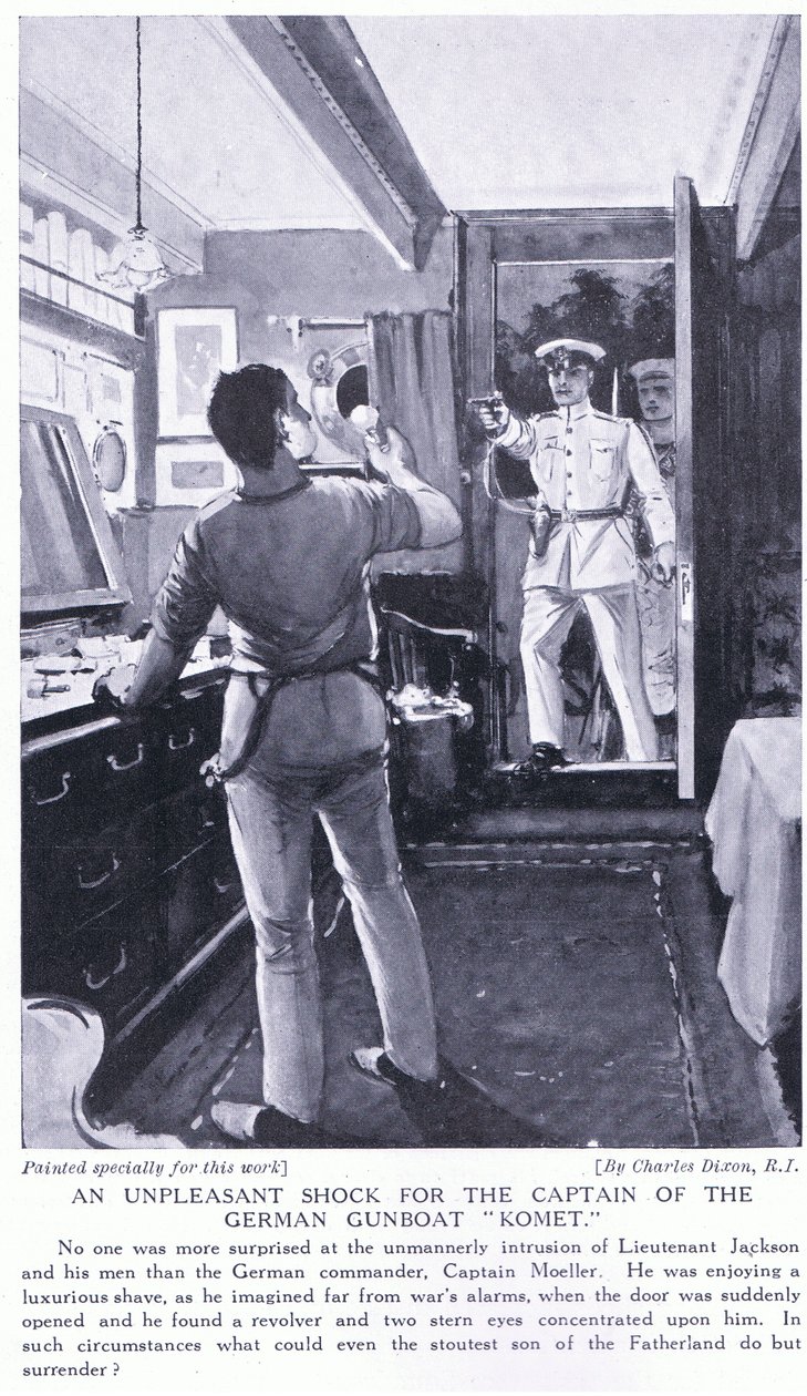 Kellemetlen sokk a Komet német ágyúshajó kapitányának 1914. október alkotó: Charles Edward Dixon