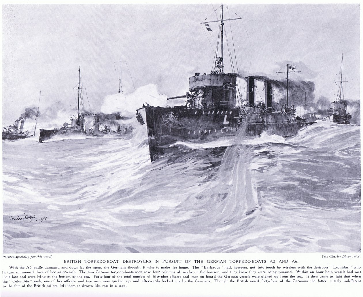 Brit torpedócsónak-rombolók a német A2 és A6 torpedónaszádok üldözésében 1914. november alkotó: Charles Edward Dixon