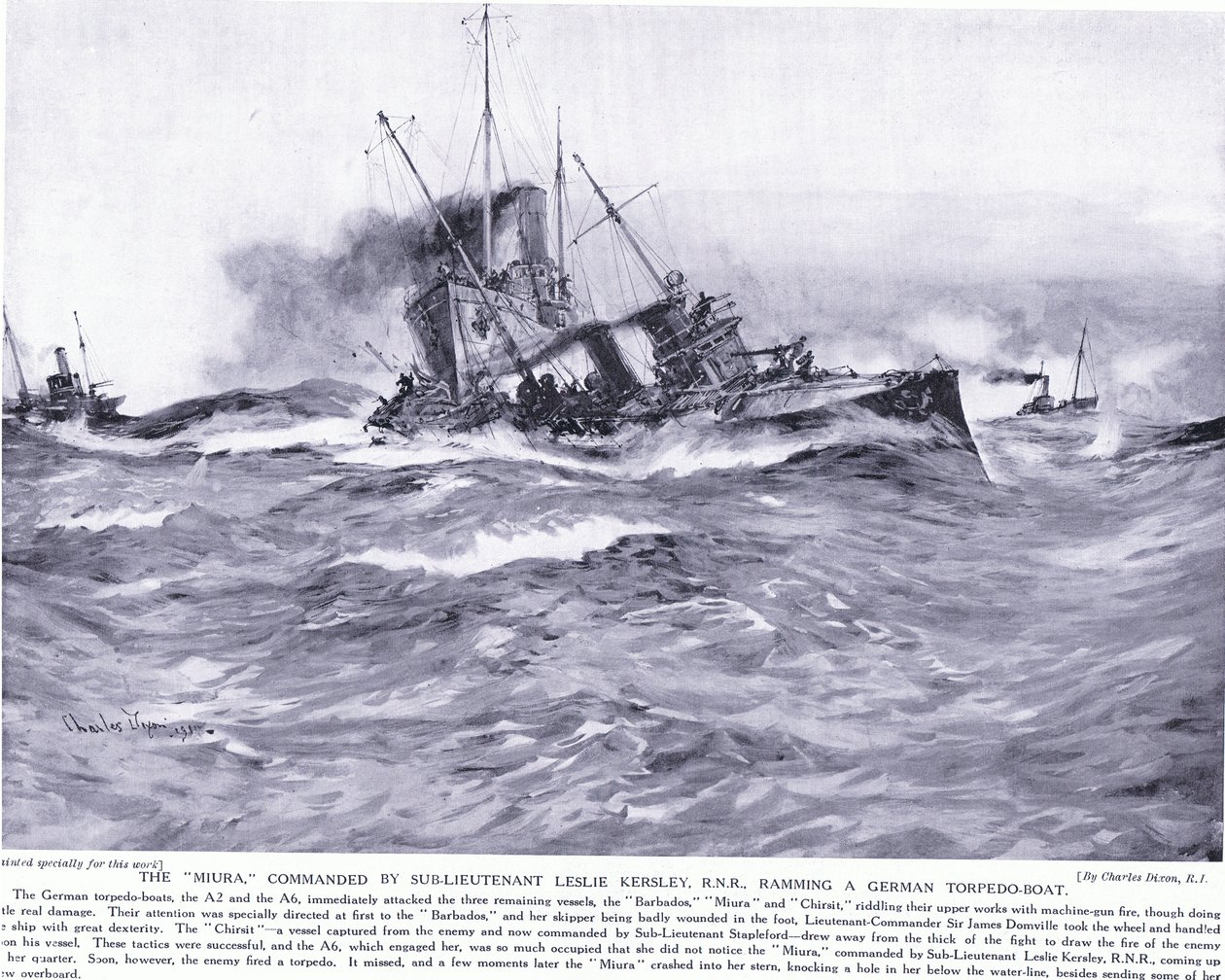 A Lesley Kelsey RNR alhadnagy által irányított Th Miura egy német torpedóhajóba ütközik, 1914 októberében. alkotó: Charles Edward Dixon