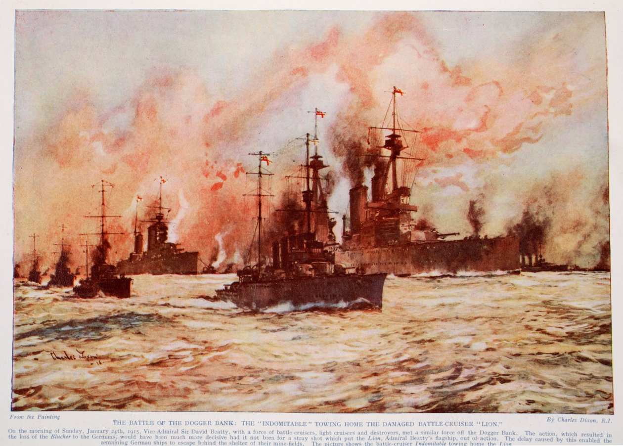 The Battle of the Dogger Bank: az „Indomitable” hazavontatja a sérült „Lion” csatacirkálót, 1915. január 24., illusztráció a „Hutchinson története a brit nemzetről”, 1920 körül alkotó: Charles Edward Dixon