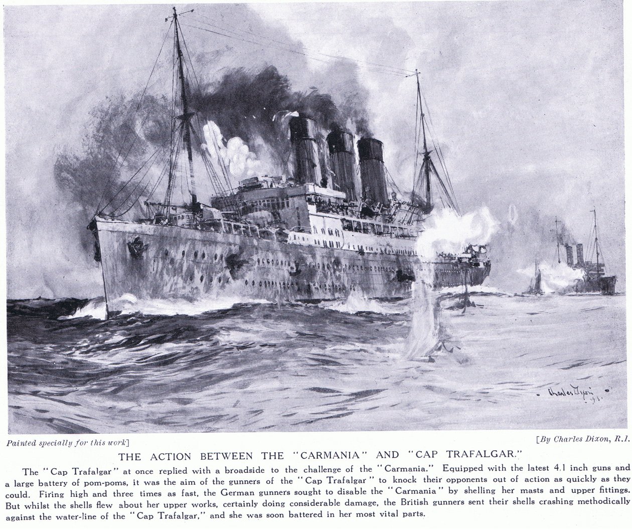 Az akció a Carmania és a Cap Trafalgar között 1914. szeptember alkotó: Charles Edward Dixon
