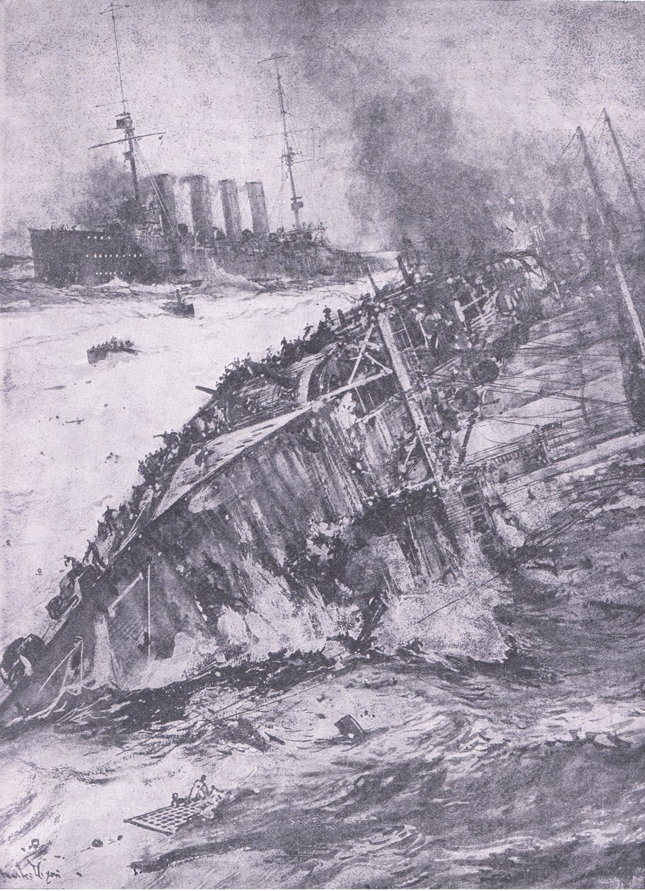 Katasztrófa az Északi-tengeren: az Aboukir elsüllyedése, a History of the Great War 3. kötetéből, amelyet a Waverley Book Co Limited adott ki, 1920 körül alkotó: Charles Edward Dixon