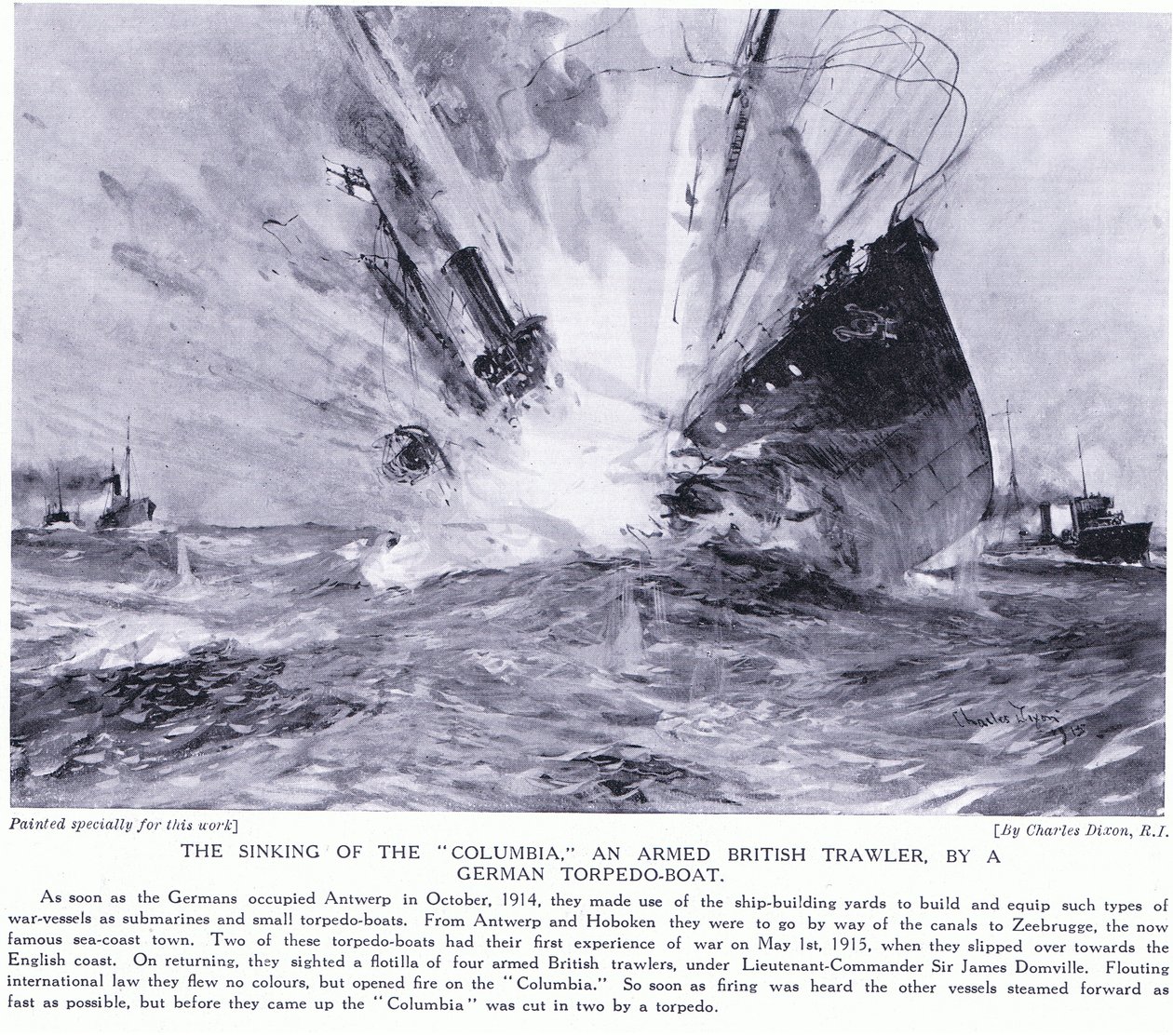 A Columbia, egy felfegyverzett brit vonóháló elsüllyedése egy német torpedóhajó által az angol tengerparton 1914. október alkotó: Charles Edward Dixon