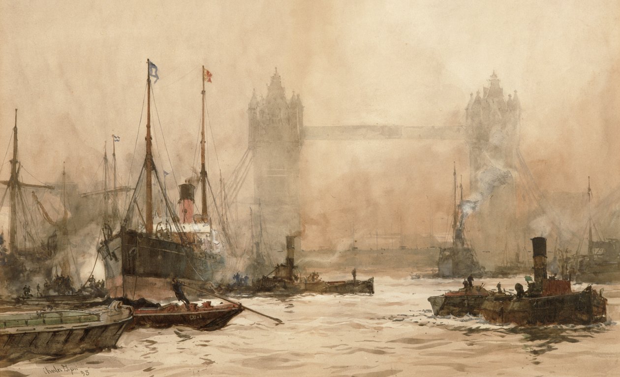 Tower Bridge a Cherry Garden mólóról, 1900 körül alkotó: Charles Edward Dixon