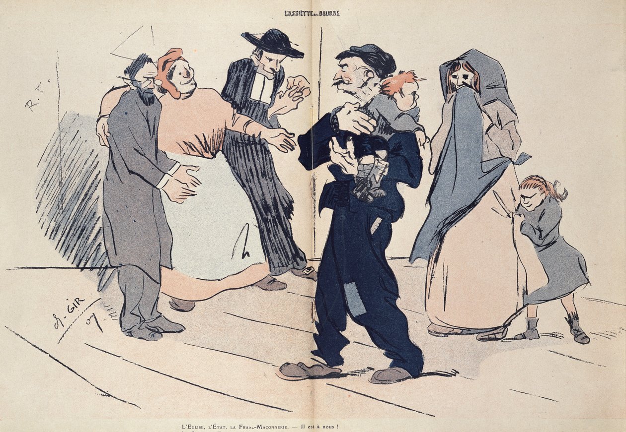 Küzdelem a gyermekért a gyermek családja és az egyház, az állam és a szabadkőművesek között, karikatúra a L