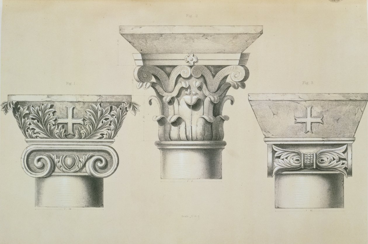 Bizánci tőkék oszlopokról a szaloniki Szent Demetrius templom hajójában, kocsma. by Day und Son alkotó: Charles Felix Marie Texier