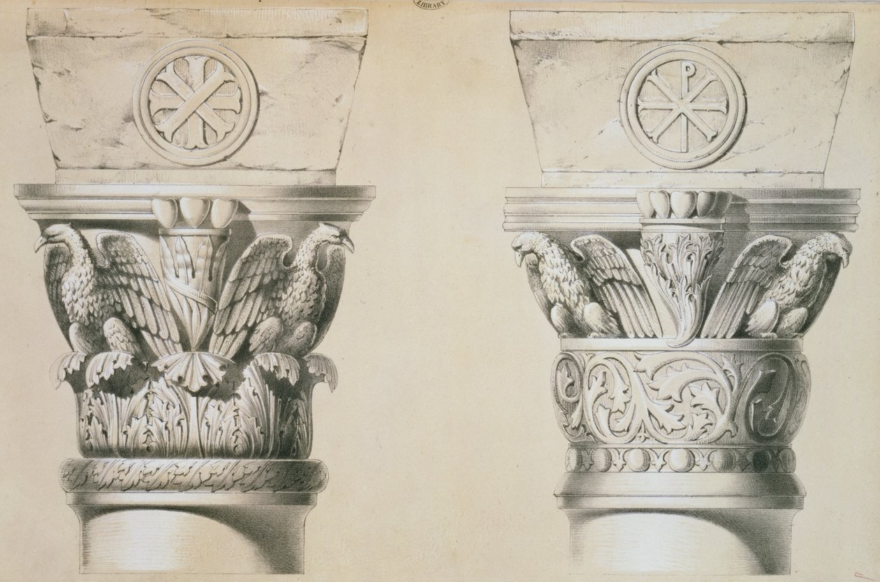 A thesszaloniki Szent Demetriusz templom hajójának oszlopainak bizánci fejezetei, kiadó: Day und Son alkotó: Charles Felix Marie Texier