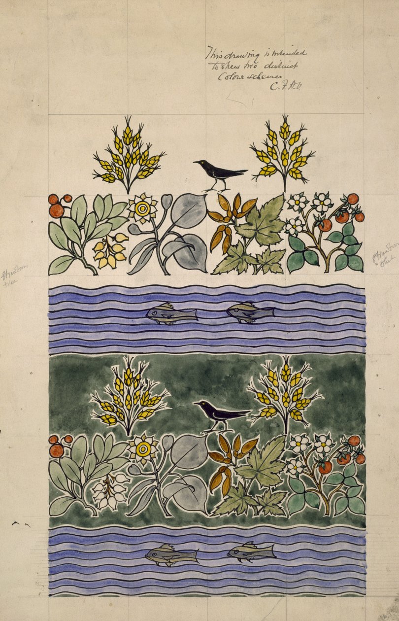 A dizájn két különböző színsémát mutat be (wc és ceruza papíron) alkotó: Charles Francis Annesley Voysey