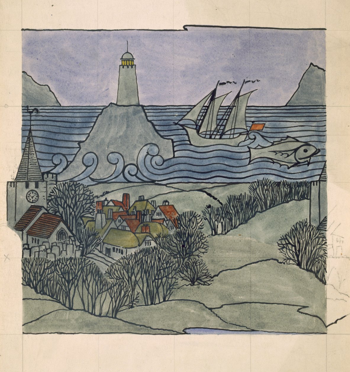 Világítótorony, hajó és falu (wc és ceruza papíron) alkotó: Charles Francis Annesley Voysey