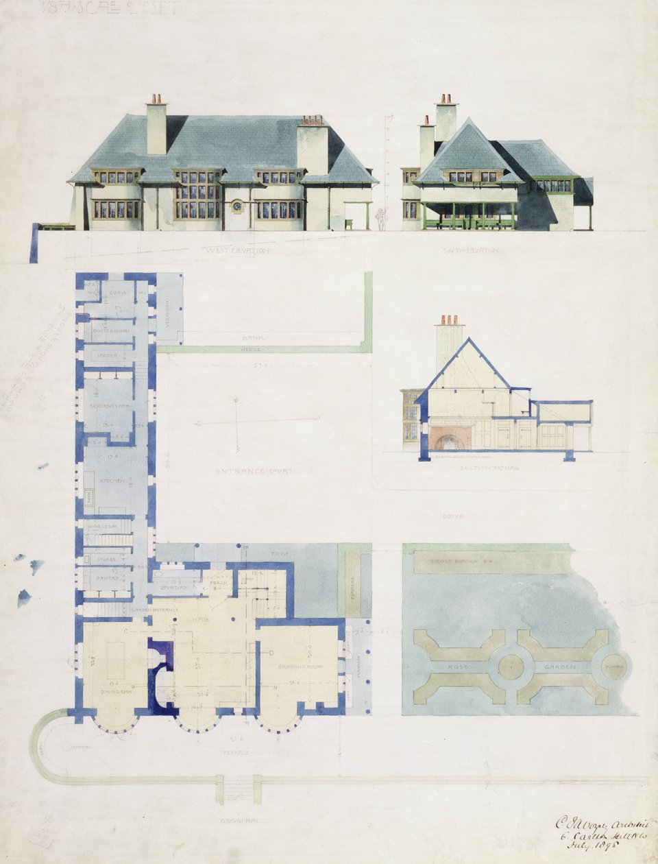 Javasolt terv Broad Leys, Windermere, Arthur Currer Briggs Esq., 1898, (wc és ceruza papíron) alkotó: Charles Francis Annesley Voysey