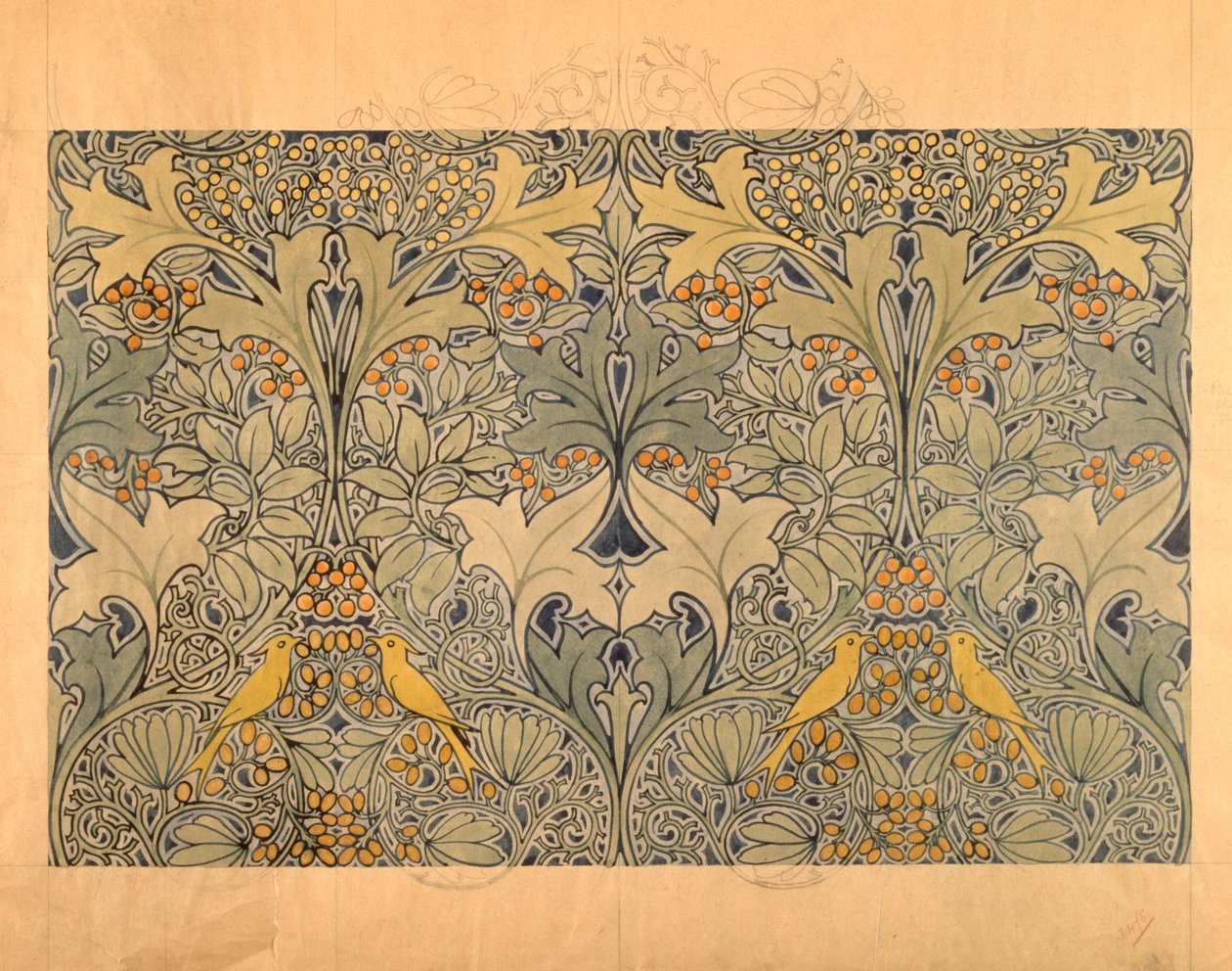 Textil design madarakkal, bogyókkal és lombozattal (wc és ceruza papíron) alkotó: Charles Francis Annesley Voysey