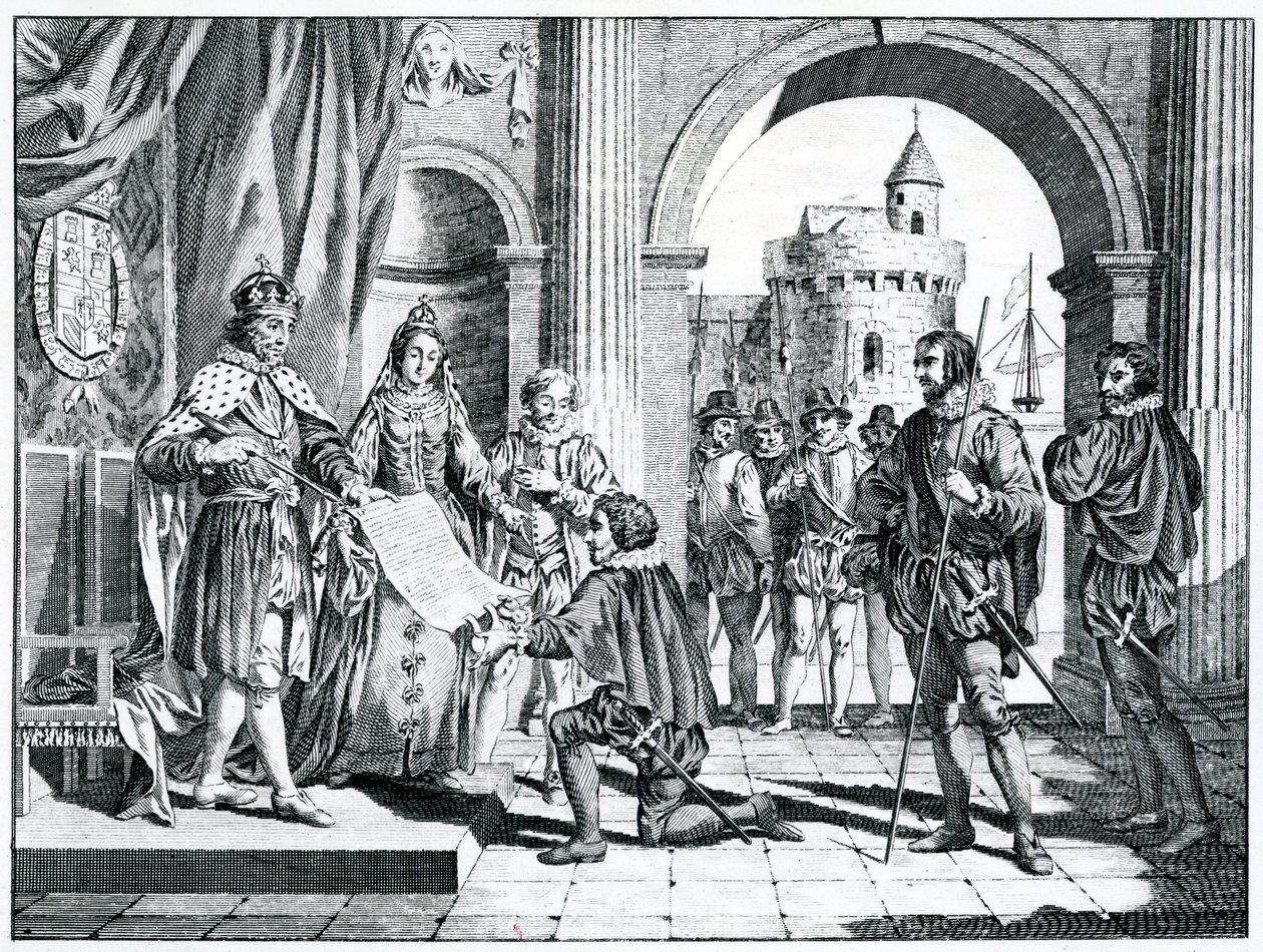 Kolumbusz Kristóf (1451-1506) Amerika felfedezéséről szóló beszámolót nyújtja Spanyolország királyának és királynőjének alkotó: Charles Grignion