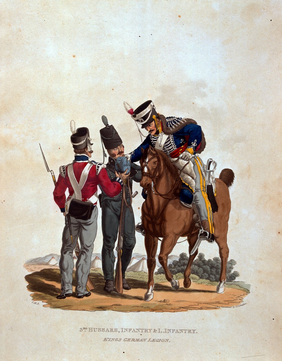 Harmadik huszárok, gyalogság és könnyű gyalogság, a német király légiója, a „Briti Birodalom hadseregének jelmezei, az utolsó szabályok szerint, 1812” című kötetből, J. C. Stadler metszetében, kiadó: Colnag alkotó: Charles Hamilton Smith