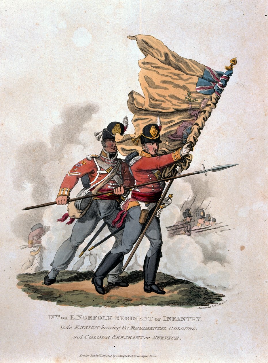 9., vagy E Norfolk Gyalogezred, a „British Birodalom hadseregének kosztümje, az 1812-es utolsó szabályzat szerint”, J. C. Stadler metszet, kiadó: Colnaghi und Co. 1812-15 (színes alkotó: Charles Hamilton Smith