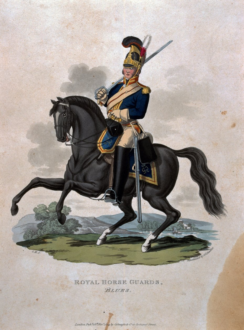 A Royal Horse Guards katonája a „British Birodalom hadseregének jelmezei, az utolsó szabályok szerint, 1812” című művéből, J. C. Stadler metszetét a Colnaghi und Co. 1812–15. alkotó: Charles Hamilton Smith