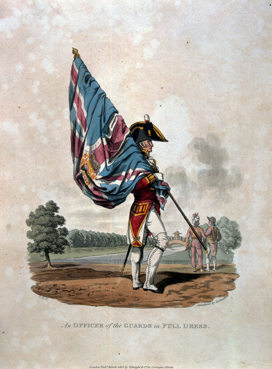 Az őrség tisztje teljes ruhában, „A Brit Birodalom hadseregének jelmezei, a legutóbbi 1812-es szabályzat szerint”, J. C. Stadler metszete, kiadó: Colnaghi und Co. 1812-15 (színes alkotó: Charles Hamilton Smith