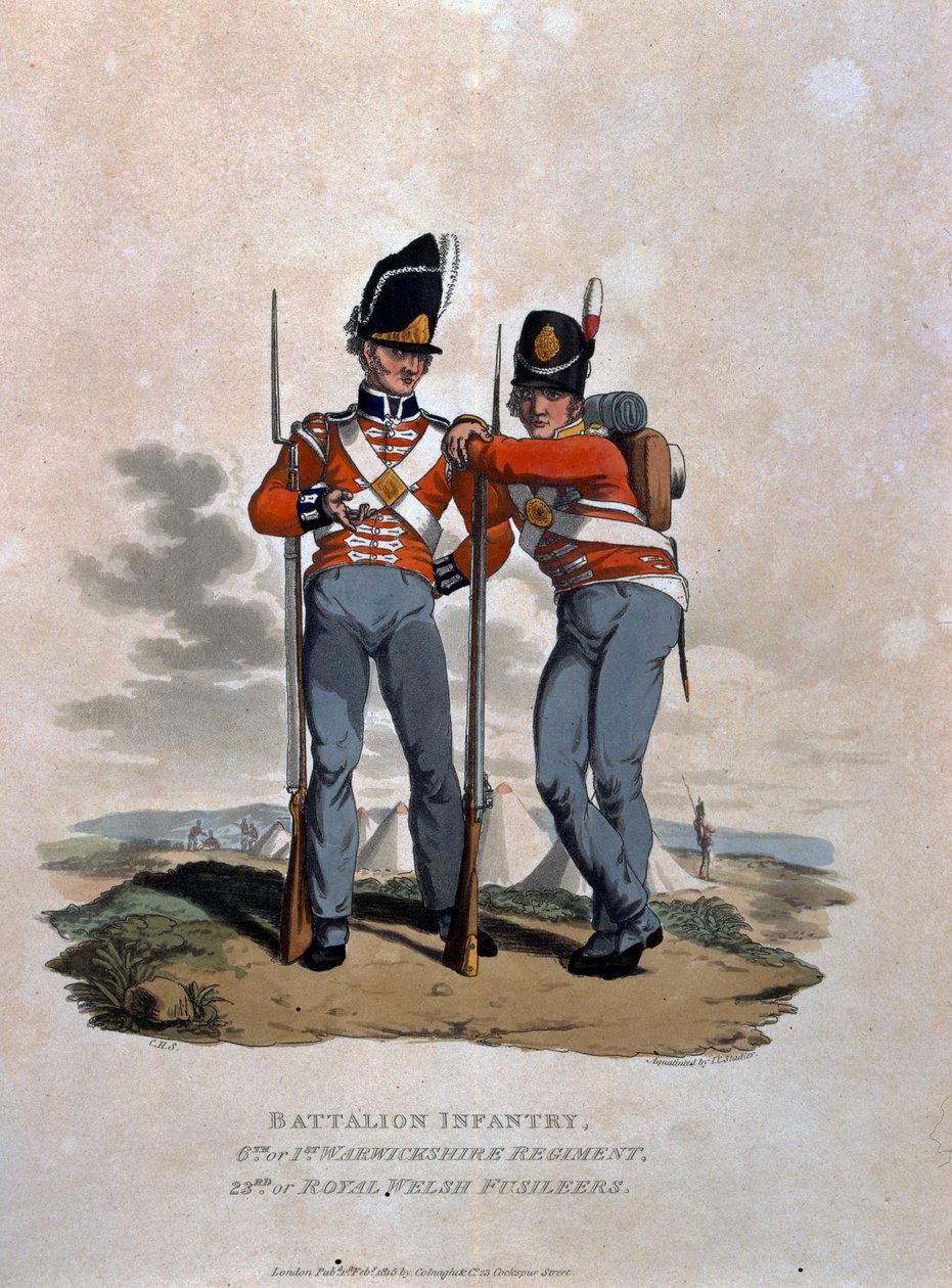 Zászlóalj gyalogos 6. ezred és 23. (vagy királyi walesi) fusiliers, „A Brit Birodalom hadseregének jelmezei, a legutóbbi 1812-es szabályzat szerint”, J. C. Stadler metszet, kiadó: C. alkotó: Charles Hamilton Smith