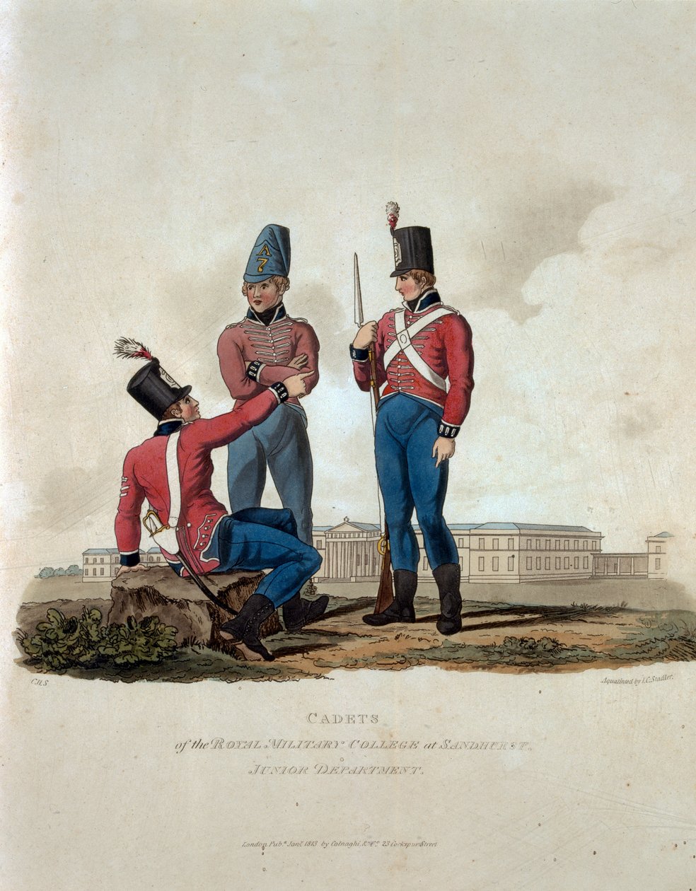 A Sandhursti Királyi Katonai Főiskola kadétjai, ifjúsági osztály, a "Costumes of the Army of the British Empire, according to the last regulations 1812" című, J.C. Stadler által készített metszetből, kiadta a következő kiadvány. alkotó: Charles Hamilton Smith