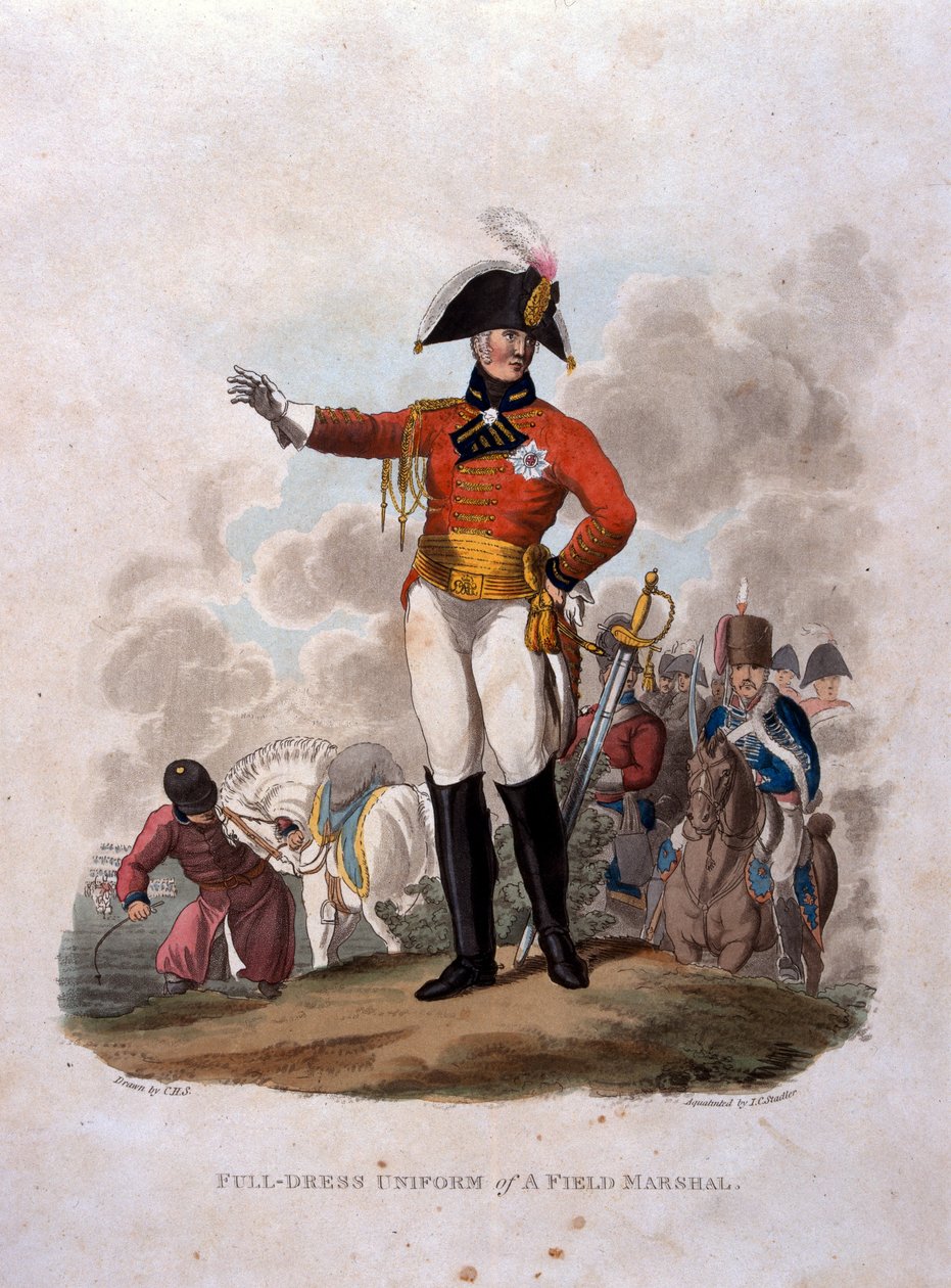 A tábornagy teljes egyenruhája, a „Briti Birodalom hadseregének jelmezei, az 1812-es utolsó szabályzat szerint”, J. C. Stadler metszete, kiadó: Colnaghi und Co. 1812-15 (szín) alkotó: Charles Hamilton Smith