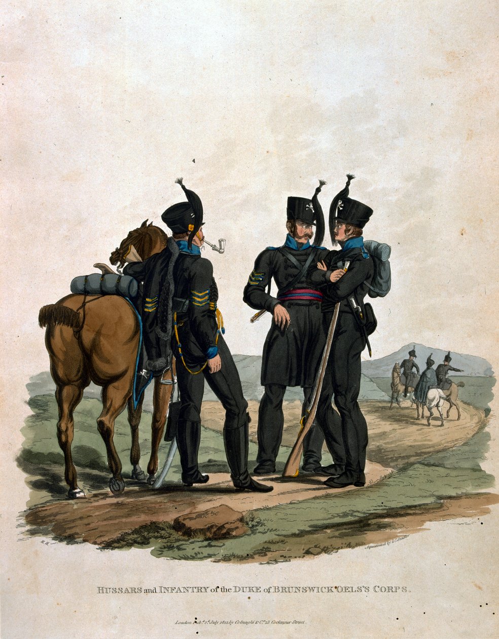 Brunswick Oels hercegének huszár és gyalogsága, a "Costumes of the Army of the British Empire, according to the last regulations 1812" című, J.C. Stadler által metszett, Colnaghi und által kiadott "Costumes of the Army of the British Empire, according to t alkotó: Charles Hamilton Smith