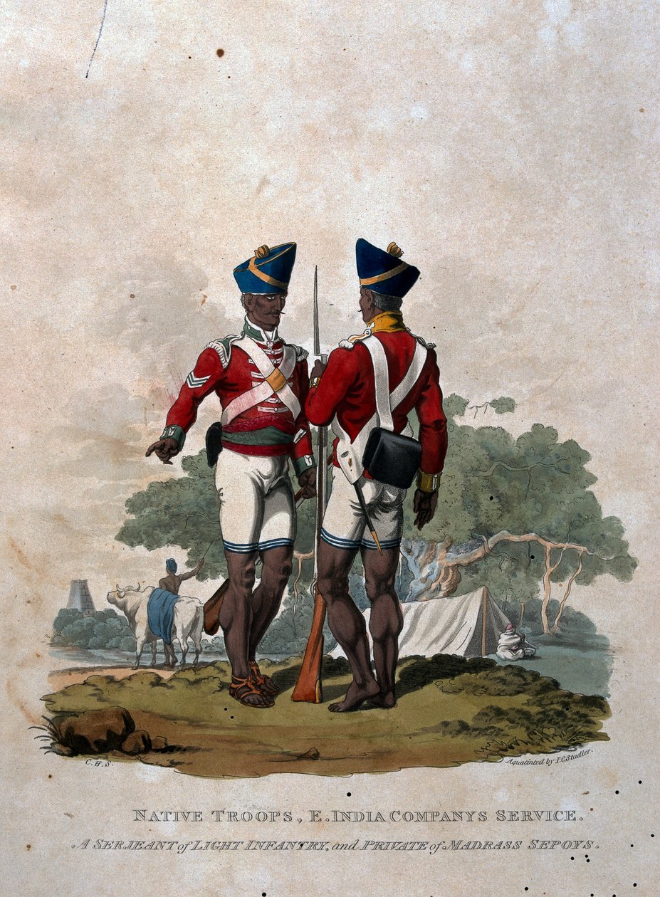 Bennszülött csapatok, Kelet-indiai Társaság Szolgálata, A könnyűgyalogság őrmestere és Madras Sepoys közlegénye, „A Brit Birodalom hadseregének jelmezei, az utolsó szabályozás szerint 1812”, engra alkotó: Charles Hamilton Smith