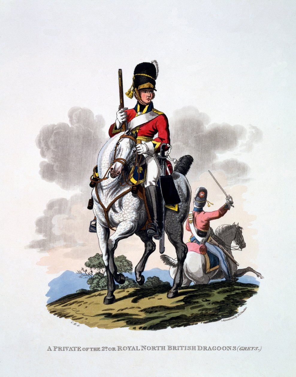 A 2. vagy a Royal North British dragoons közlegényének egyenruhája, a „The Greys” a „Briti Birodalom jelmezei az utolsó szabályok szerint” 1813-as kiadásából (kézzel színezett akvatinta) alkotó: Charles Hamilton Smith