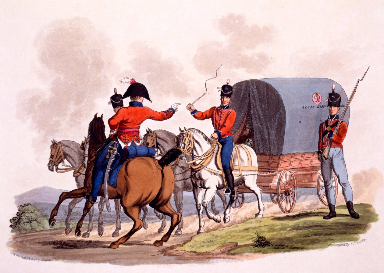 Egy tiszt, közlegény és a királyi kocsis egyenruhája, a "Costume of the British Empire, according to the Last Regulations" című, 1812-15-ben megjelent kiadványból (kézzel színezett akvatinta). alkotó: Charles Hamilton Smith