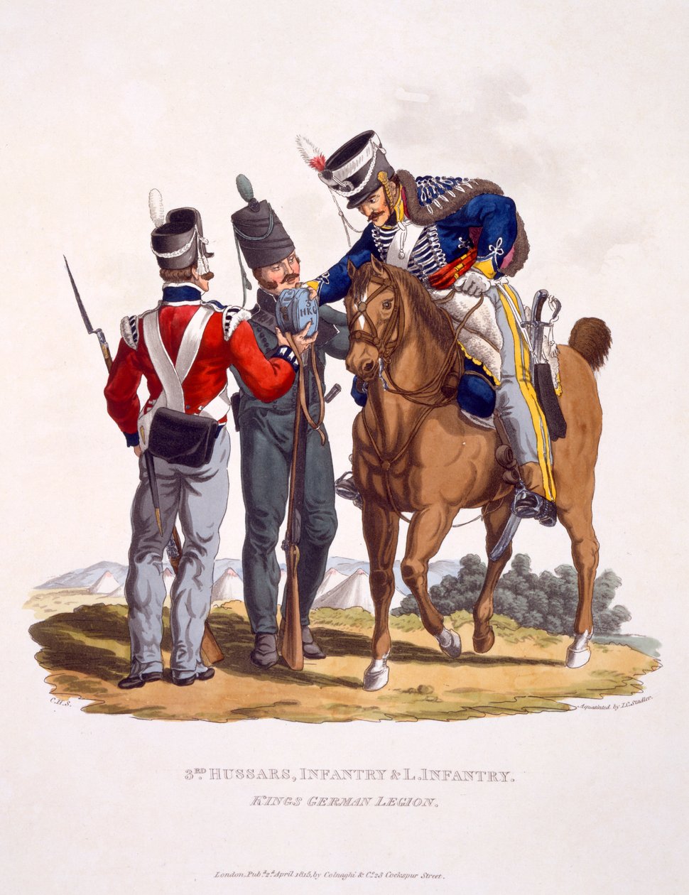 A 3. huszárok, gyalogság és könnyűgyalogság egyenruhája - A király német légiója, a "Costume of the British Empire, according to the Last Regulations" című, 1815-ben megjelent kiadványból (kézzel színezett akvatinta). alkotó: Charles Hamilton Smith