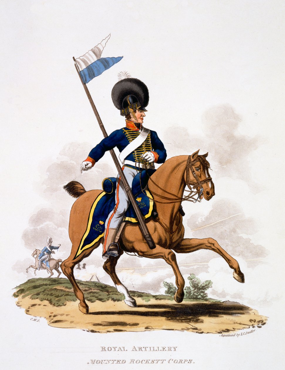 A Királyi Tüzérség egyenruhája, Mounted Rockett Corps, a „Briti Birodalom jelmezei, az utolsó szabályok szerint”, 1812–1515 között (kézzel színezett akvatinta) alkotó: Charles Hamilton Smith